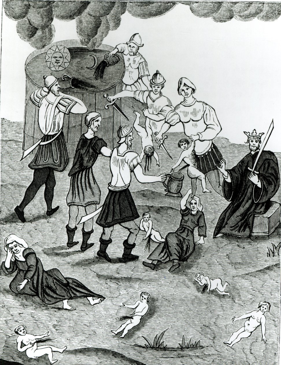 Ebrei che prelevano sangue da bambini cristiani per i loro riti mistici, secondo un disegno del "Libro della Cabala di Abramo l