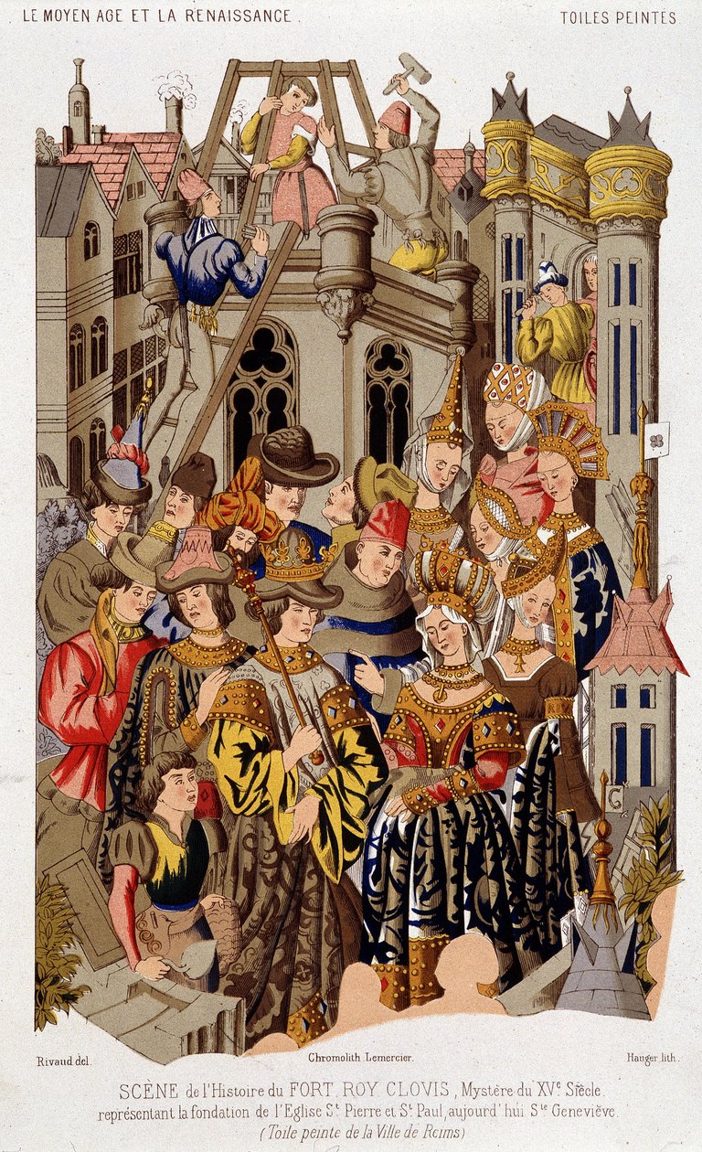 Scena della storia di Fort Roy de Clovis. Mistero del XV secolo che rappresenta la fondazione della Chiesa di San Pietro e San Paolo, oggi Santa Genoveffa. (dalla) Tela dipinta della città di Reims. da (after) French School