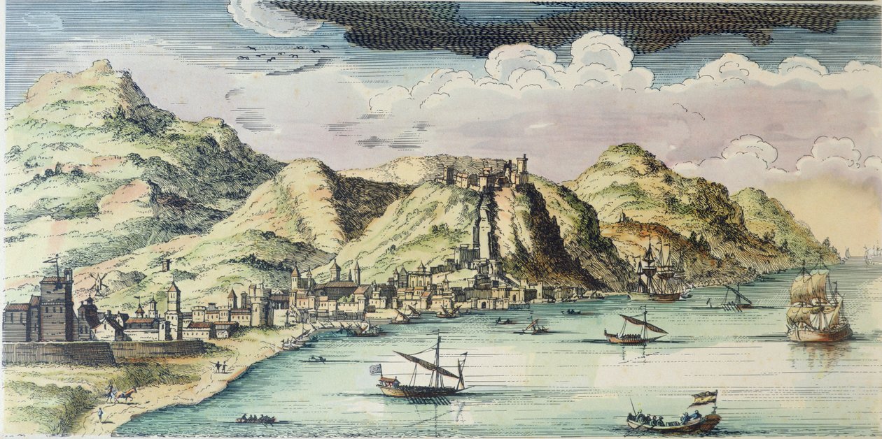Veduta della città di Málaga, Spagna (incisione colorata) da (after) Spanish School
