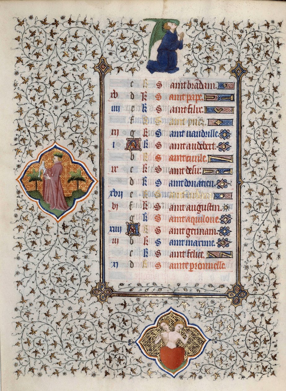 Pagina del manoscritto "Les Tres Riches Heures del Duca Francesco di Guisa" miniato dal Maestro di Boucicaut: rappresentazione dei segni dello zodiaco e scene di vita quotidiana: gemme. XV secolo. Museo Condé, Chantilly da (and workshop) Boucicaut Master