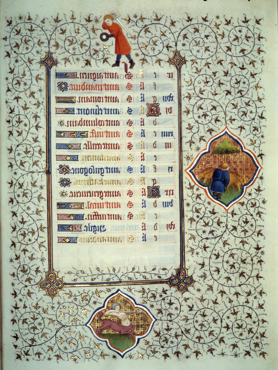 Pagina del manoscritto "Les Tres Riches Heures del Duca Francesco di Guisa" miniato dal Maestro di Boucicaut: rappresentazione dei segni dello zodiaco e scene di vita quotidiana: il sagittario e un allevatore di bestiame. XV secolo. Museo Condé, Chantilly da (and workshop) Boucicaut Master