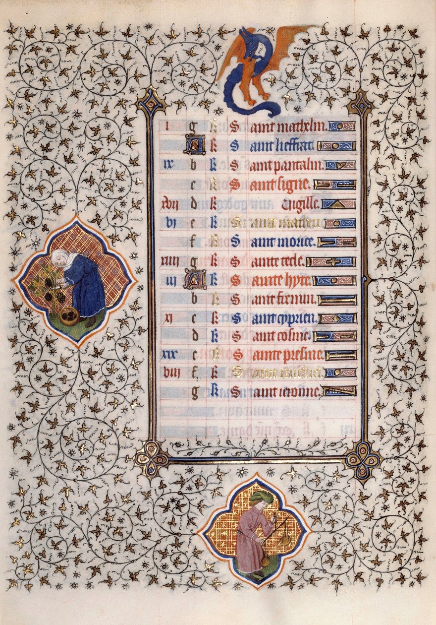 Pagina del manoscritto "Le Très Riches Heures del Duca Francesco di Guisa" illuminato dal Maestro di Boucicaut: rappresentazione dei segni dello zodiaco e del lavoro agricolo: bilancia e raccolto. XV secolo. Museo Condé, Chantilly da (and workshop) Boucicaut Master