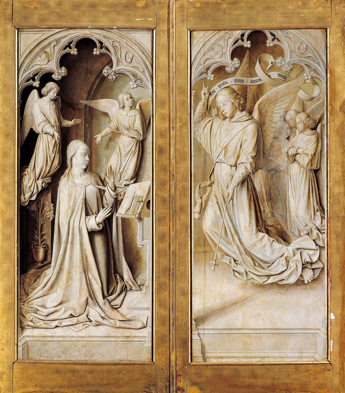 Annunciazione in grisaille (monocromatico grigio), ali esterne del trittico d
