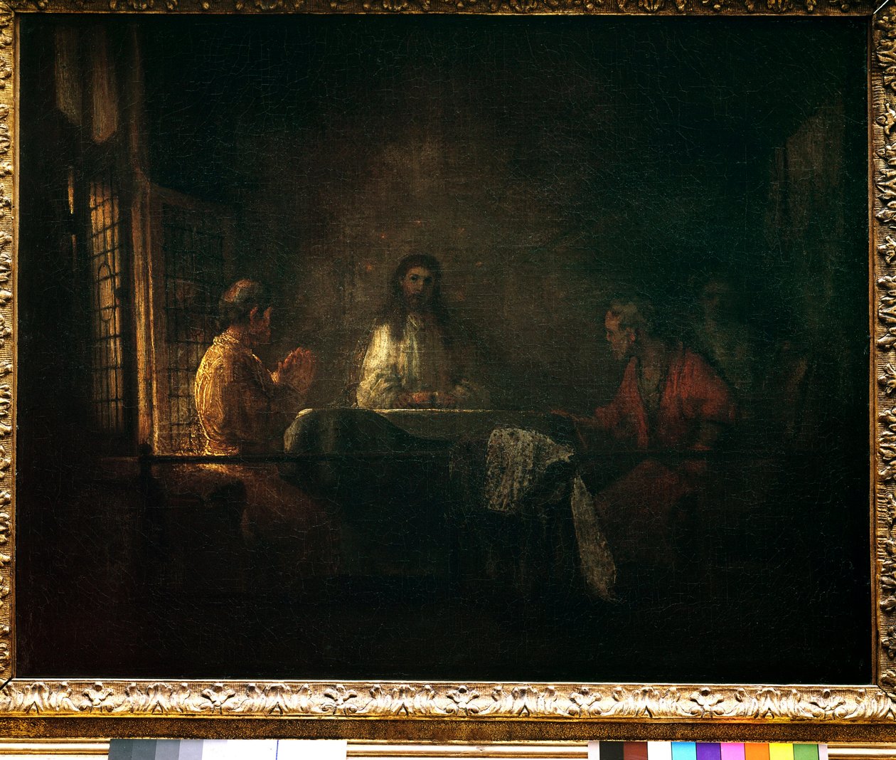 I pellegrini di Emmaus. Cristo appare ai pellegrini seduti a un tavolo in una locanda a Emmaus. Dipinto della bottega di Harmensz van Rijn detto Rembrandt (1606-1669) da studio of Rembrandt Harmensz. van Rijn