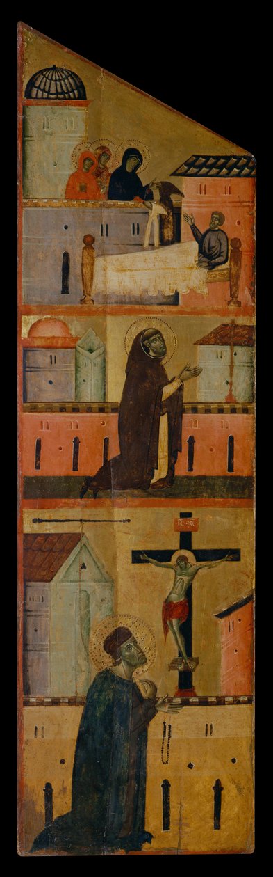 Dittico del Beato Andrea Gallerani: Le sante donne appaiono a San Reginaldo, Domenico prega per la guarigione di San Reginaldo e Gallerani prega davanti alla croce, pannello interno sinistro, c.1270 da (workshop of) Guido da Siena