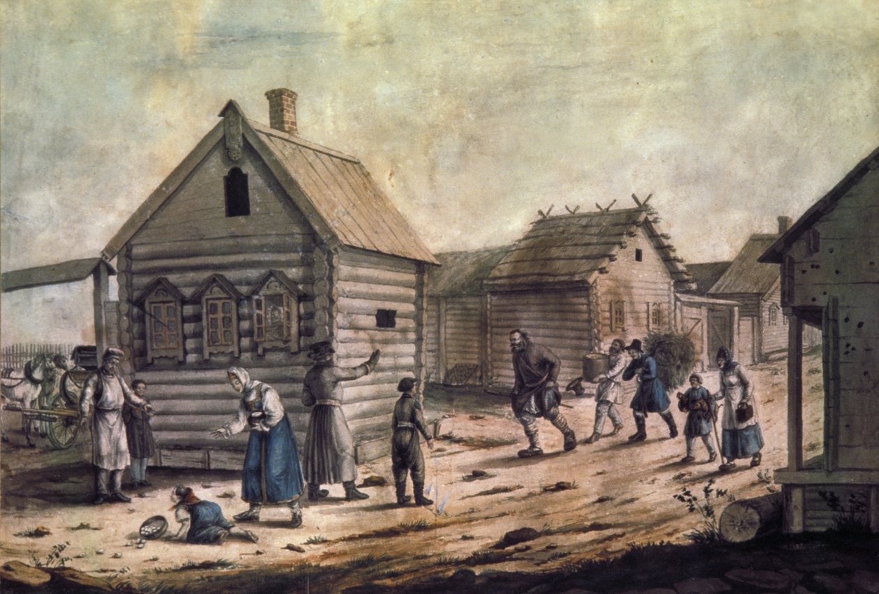 Arrivo della padrona del villaggio, un dipinto ad acquerello degli anni 1850 da Unknown