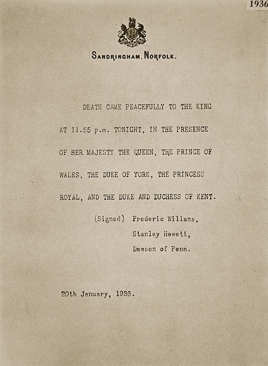 Bollettino affisso a Sandringham alla morte di Re Giorgio V, 20 gennaio 1936 da Unknown