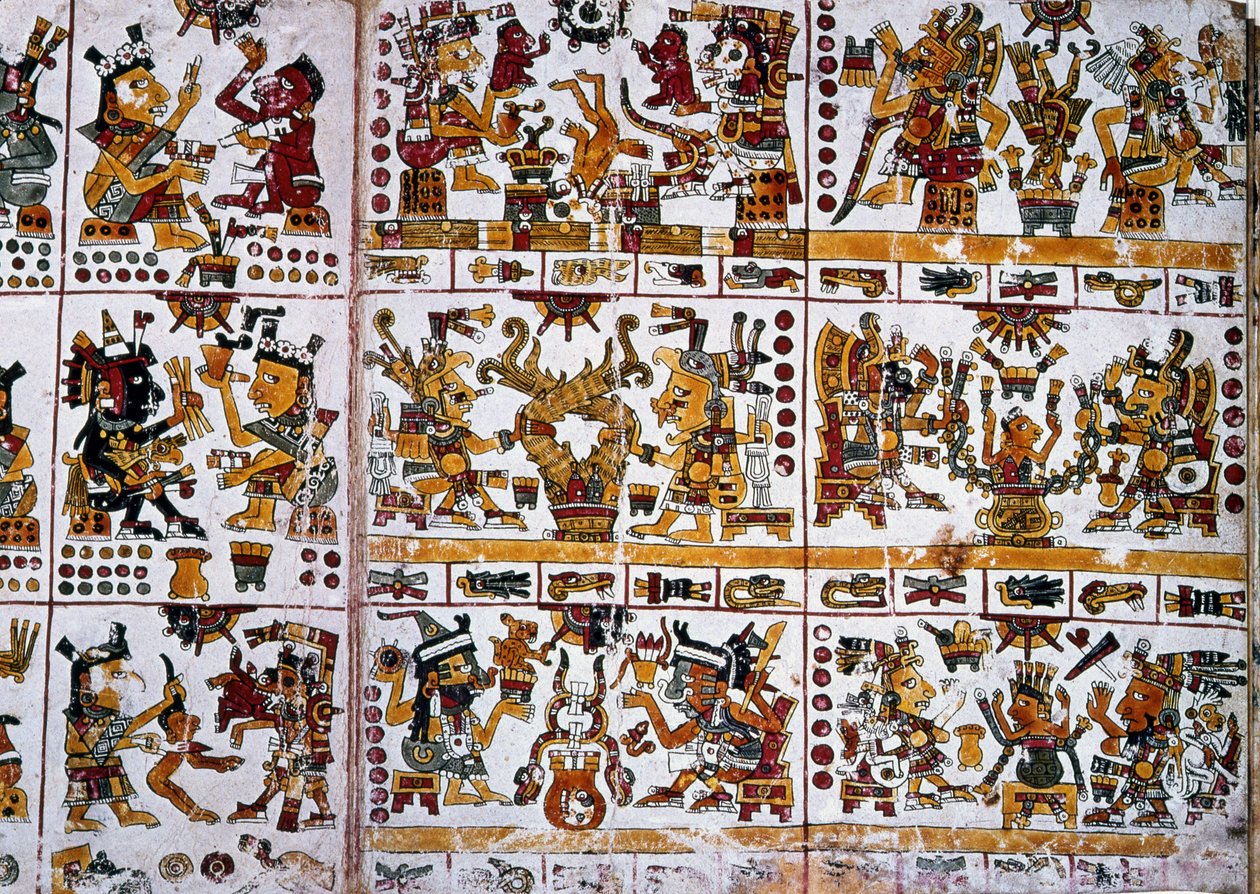 Dettaglio da una copia facsimile di una pagina del Codice Borgia che mostra sei coppie di dei che rappresentano la divinazione per le coppie da Unknown