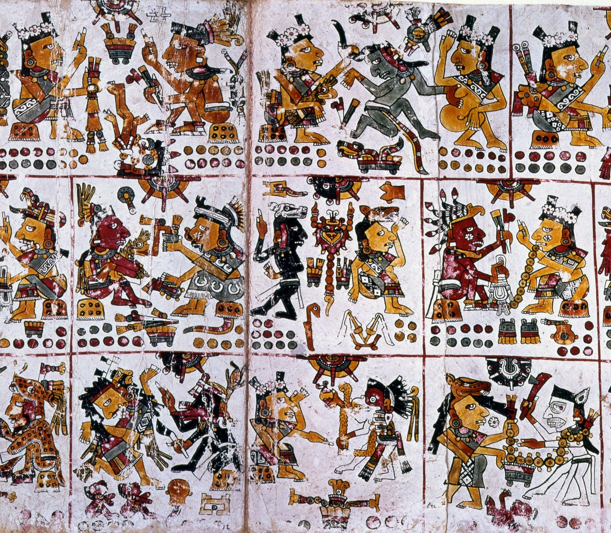 Dettaglio da una copia facsimile di una pagina del Codice Borgia che mostra sei coppie di dei che rappresentano la divinazione per le coppie da Unknown