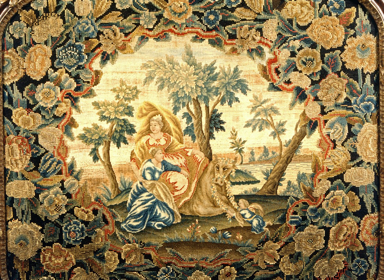 Europa e il toro, primo piano di uno schermo arazzo in cornice di legno di Giorgio III, XVIII secolo da Unknown