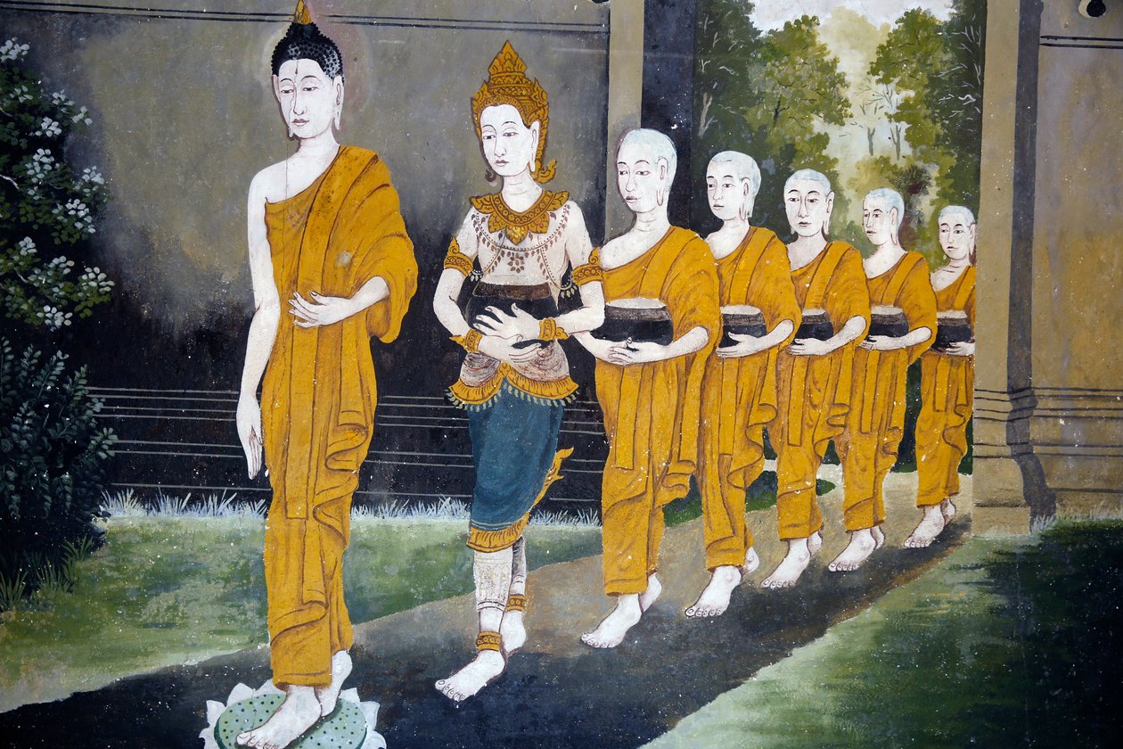 Affresco che raffigura una scena della vita del Buddha nel Wat Phra Doi Suthep, Chiang Mai. Buddha e monaci in un giro di elemosina. Thailandia da Unknown