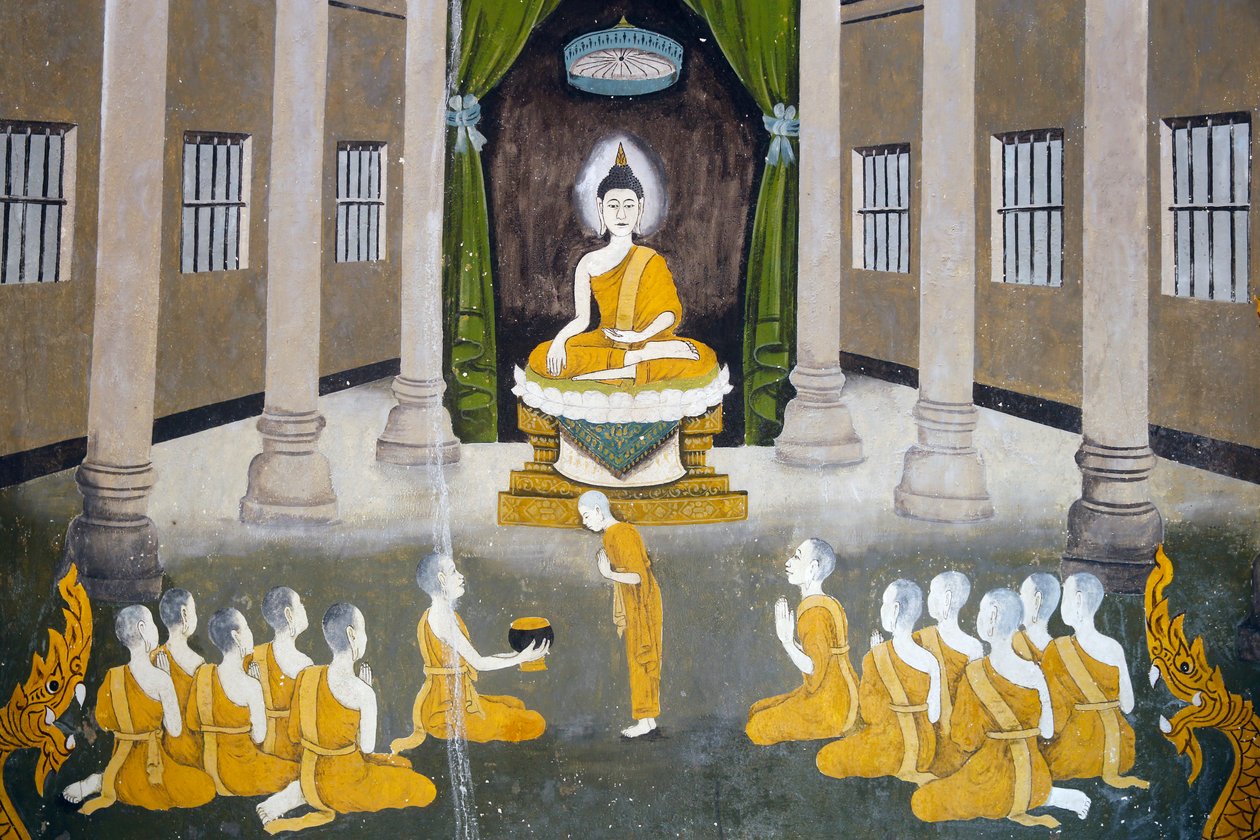 Affresco che raffigura una scena della vita del Buddha nel Wat Phra Doi Suthep, Chiang Mai. Buddha con il suo sangha. Thailandia da Unknown