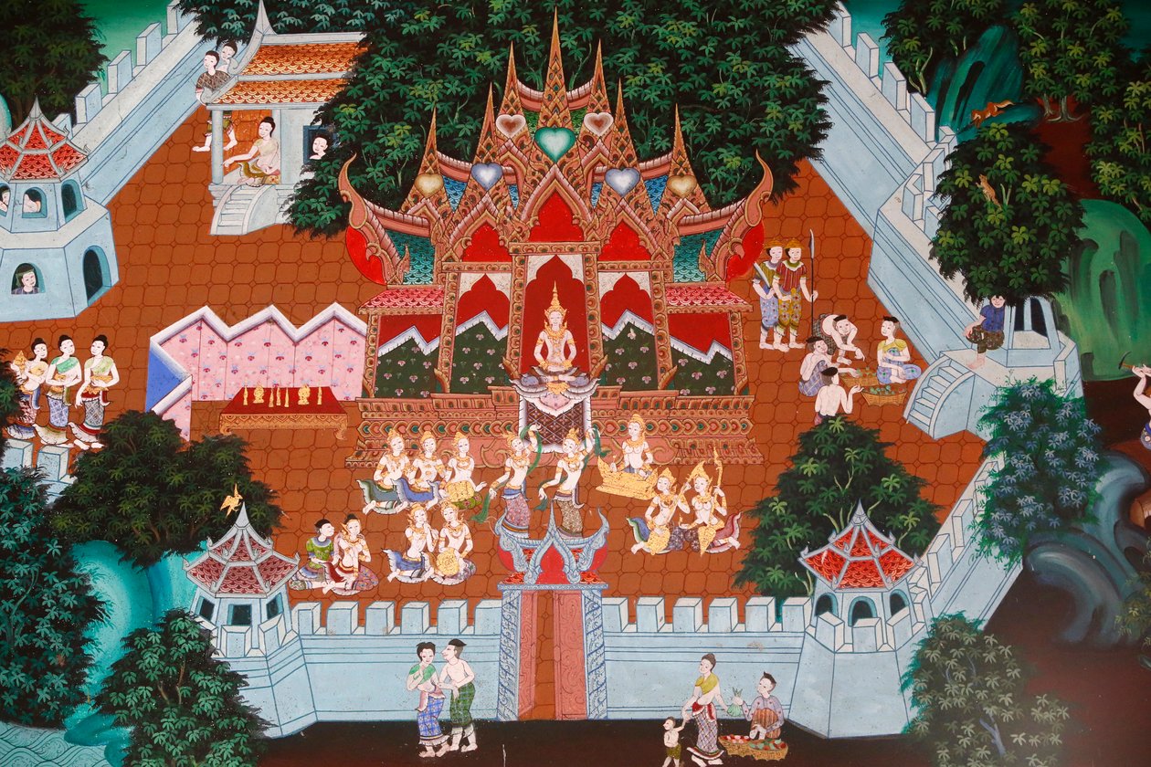 Affresco nel Wat Ampharam, Hua Hin, Thailandia. Temiya Jataka, anche chiamato Muga-Pakkha Jataka, una delle vite precedenti del Buddha da Unknown