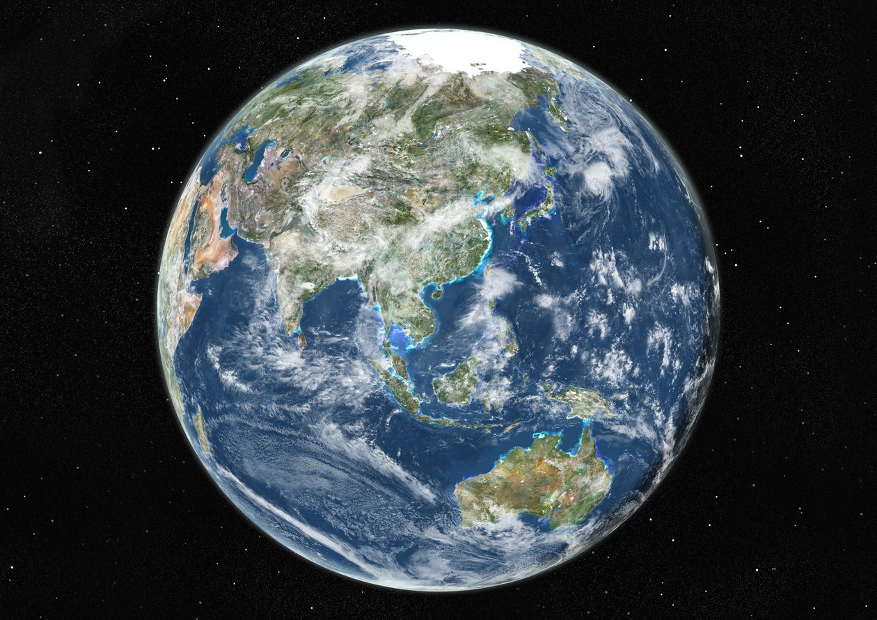 Globo centrato su Asia e Oceania, immagine satellitare a colori reali da Unknown