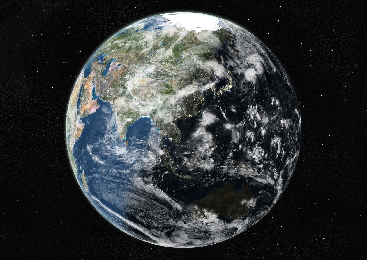 Globo centrato su Asia e Oceania, immagine satellitare a colori reali da Unknown