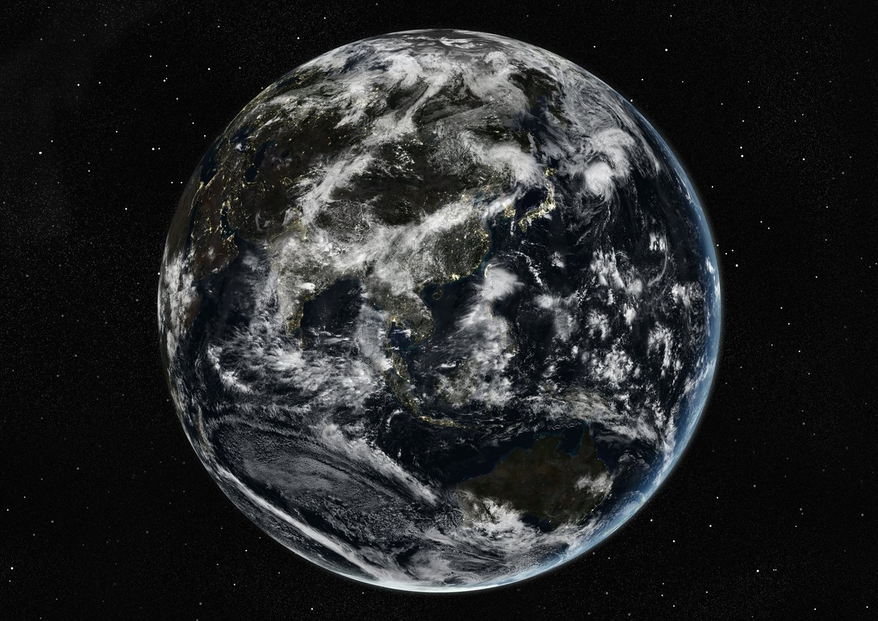 Globo centrato su Asia e Oceania, immagine satellitare a colori reali da Unknown