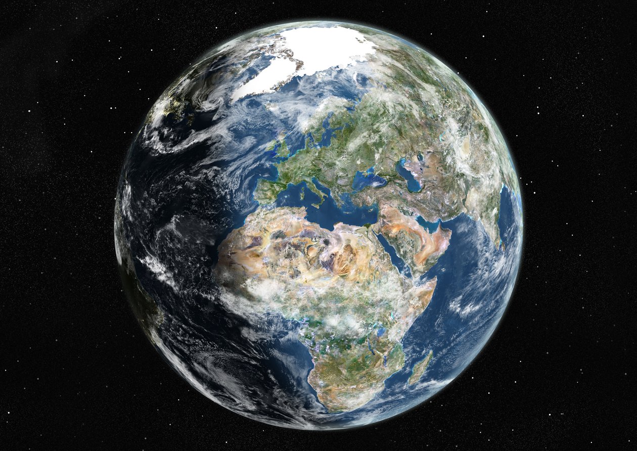 Globo centrato su Europa e Africa, immagine satellitare a colori reali da Unknown