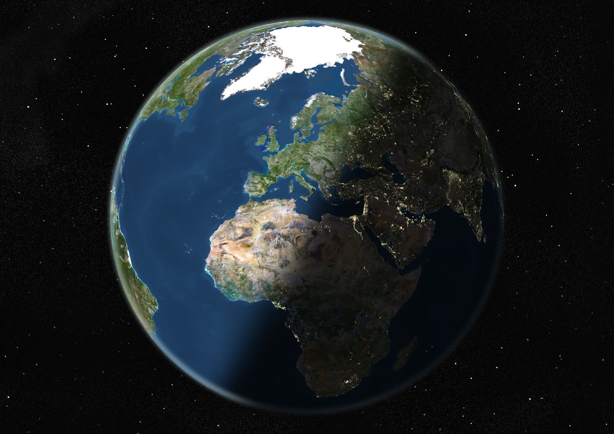 Globo centrato su Europa e Africa, immagine satellitare a colori reali da Unknown