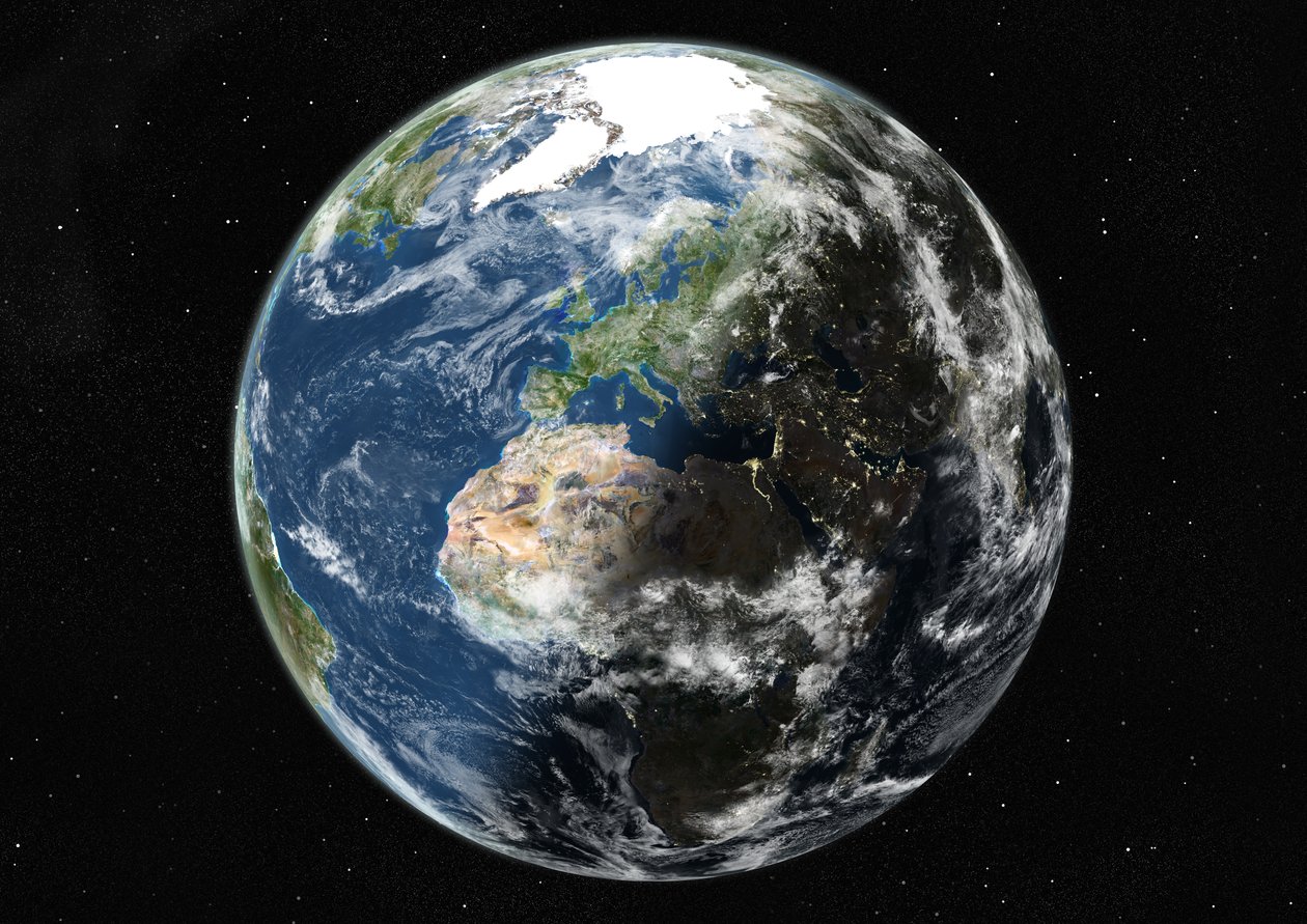 Globo centrato su Europa e Africa, immagine satellitare a colori reali da Unknown