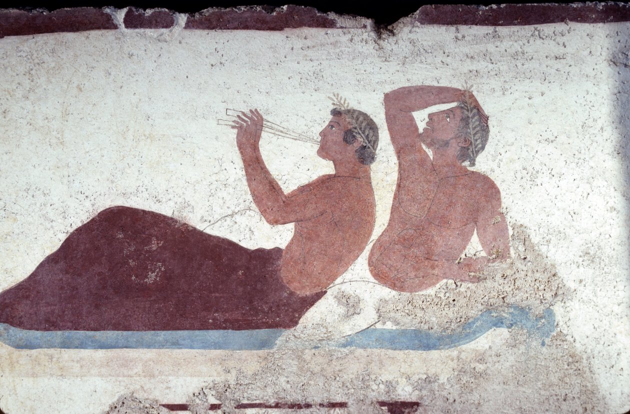 Pittura greca dalla Tomba del Tuffatore, Paestum, 480 a.C. Banchettatori. Scena di simposio, Italia da Unknown