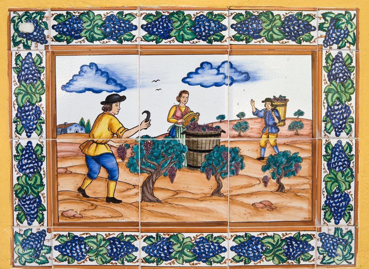 Piastrelle ceramiche spagnole moderne in stile del XVII o XVIII secolo che mostrano lavoratori della vigna che tagliano grappoli d
