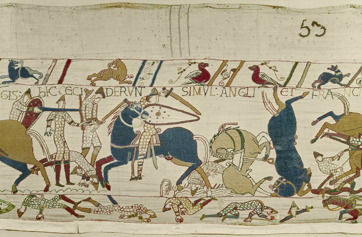 Normanni e Inglesi cadono fianco a fianco in battaglia, Arazzo di Bayeux da Unknown