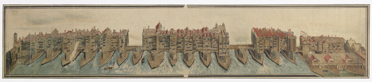 Vecchio ponte di Londra intorno al 1600, copiato da W. Griggs nel 1881 da un disegno nella collezione Pepys, al Magdalene College, Cambridge da Unknown