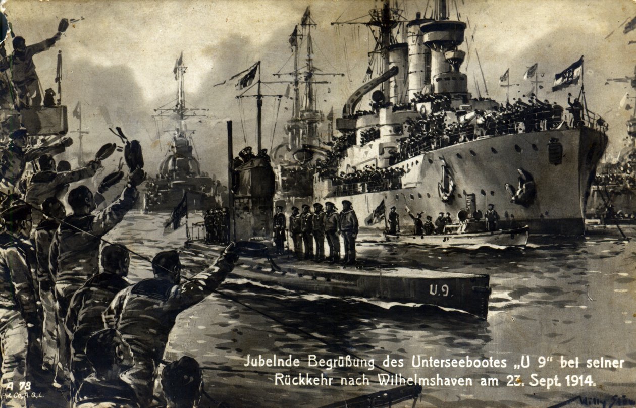 Cartolina di marinai che accolgono il sottomarino U-9 al suo ritorno a Wilhelmshaven, 23 settembre 1914 da Unknown