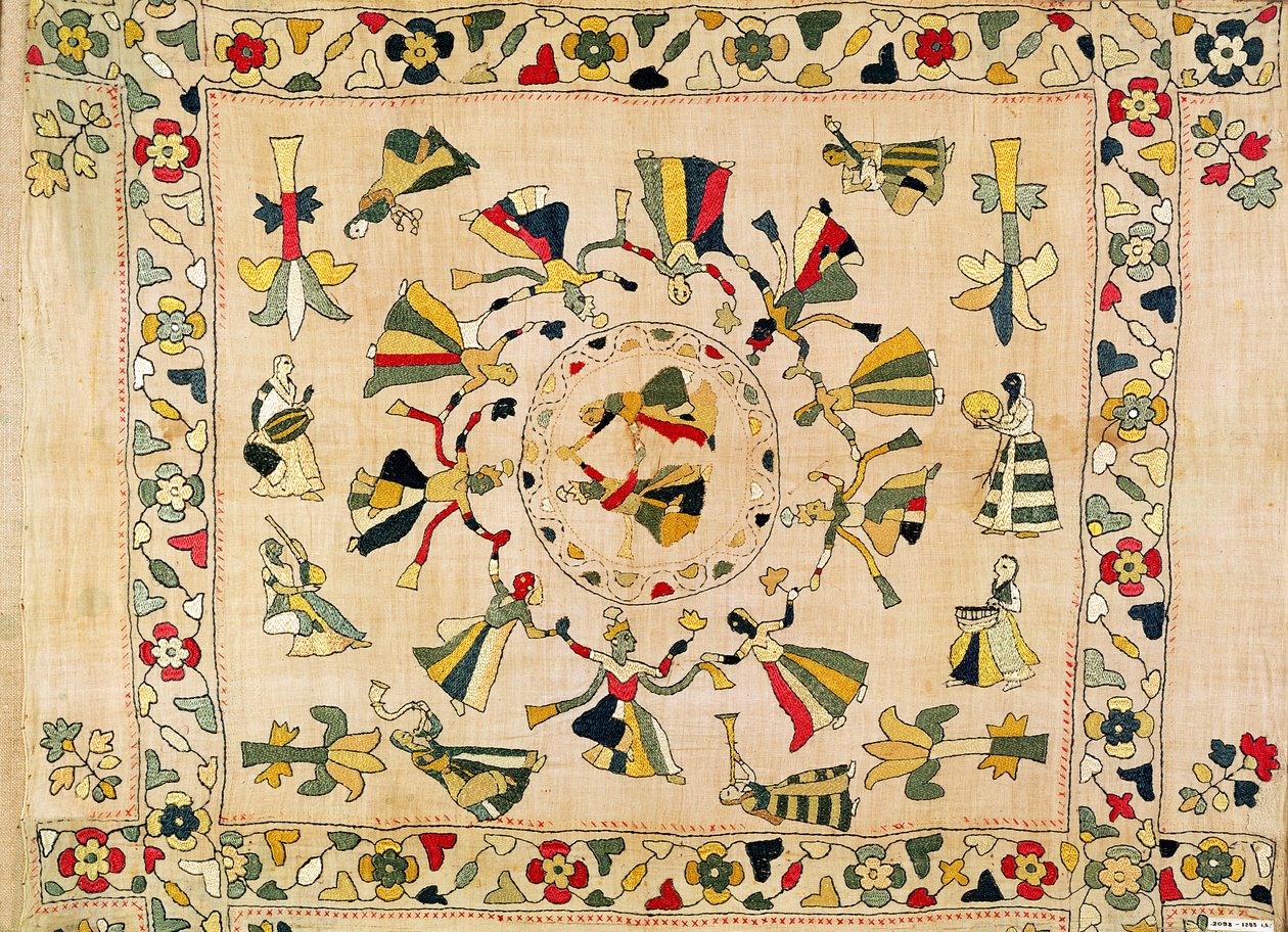 Rumal: copertura quadrata ricamata che mostra una danza punjabi da Unknown