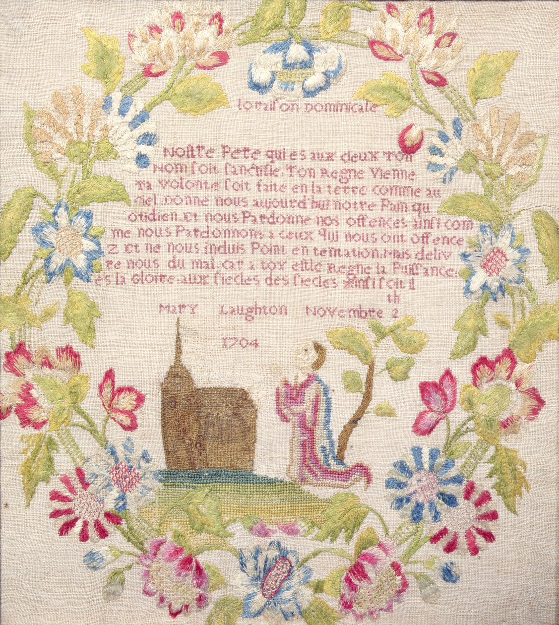 Campione con il Padre Nostro in francese sopra una figura inginocchiata, lavorato da Mary Laughton, 1704 da Unknown