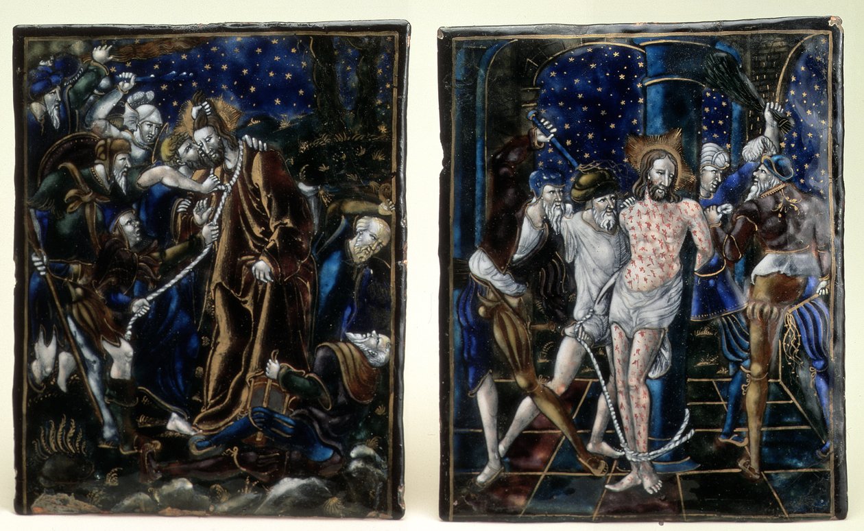 Il bacio di Giuda e la flagellazione di Cristo: due placche smaltate dalla serie della Passione del Nostro Signore, Limoges, metà del XVI secolo da Unknown