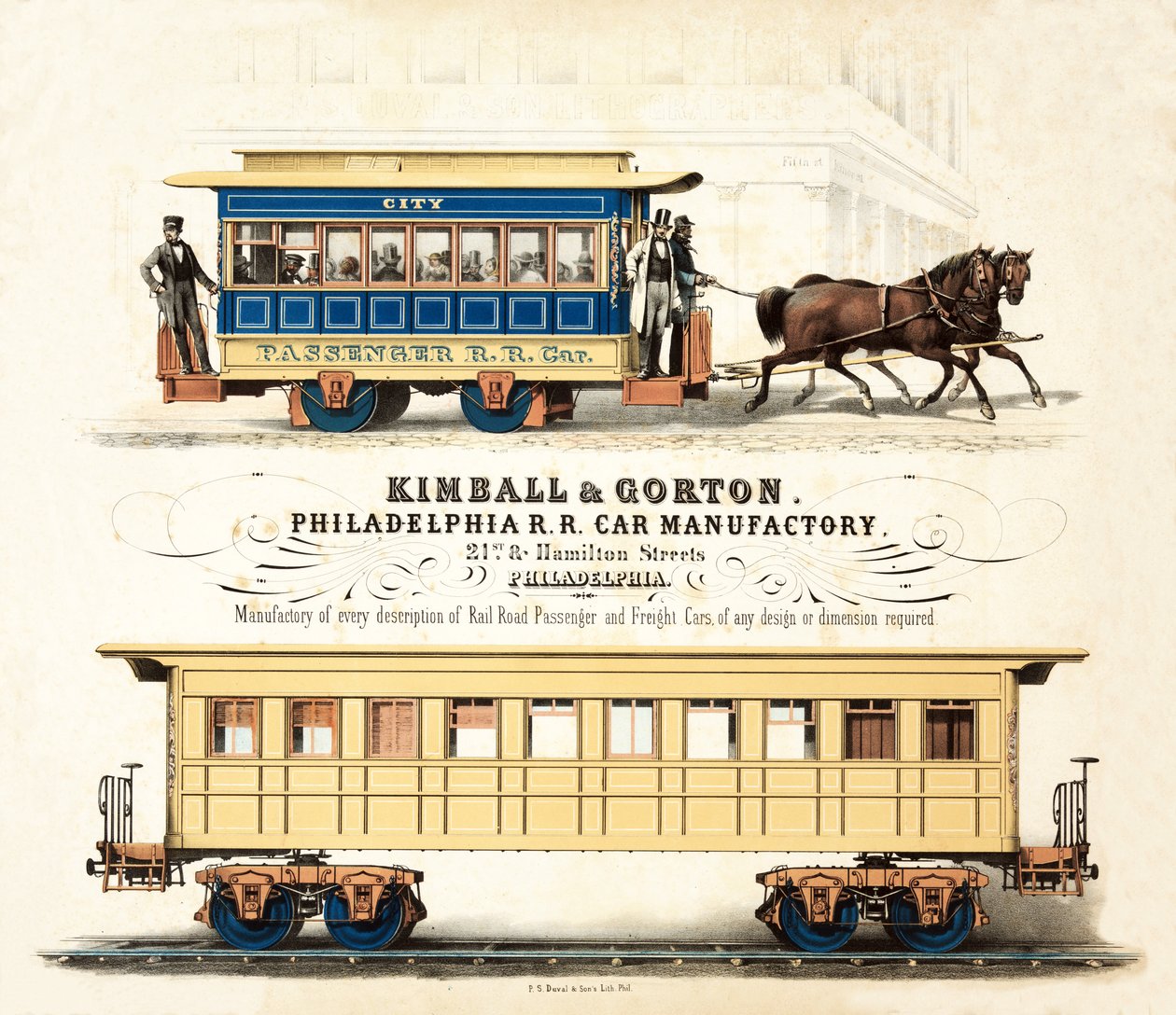 Pubblicità per Kimball & Gorton, Philadelphia R.R. Car Manufactory, pubblicata c.1857 da American School