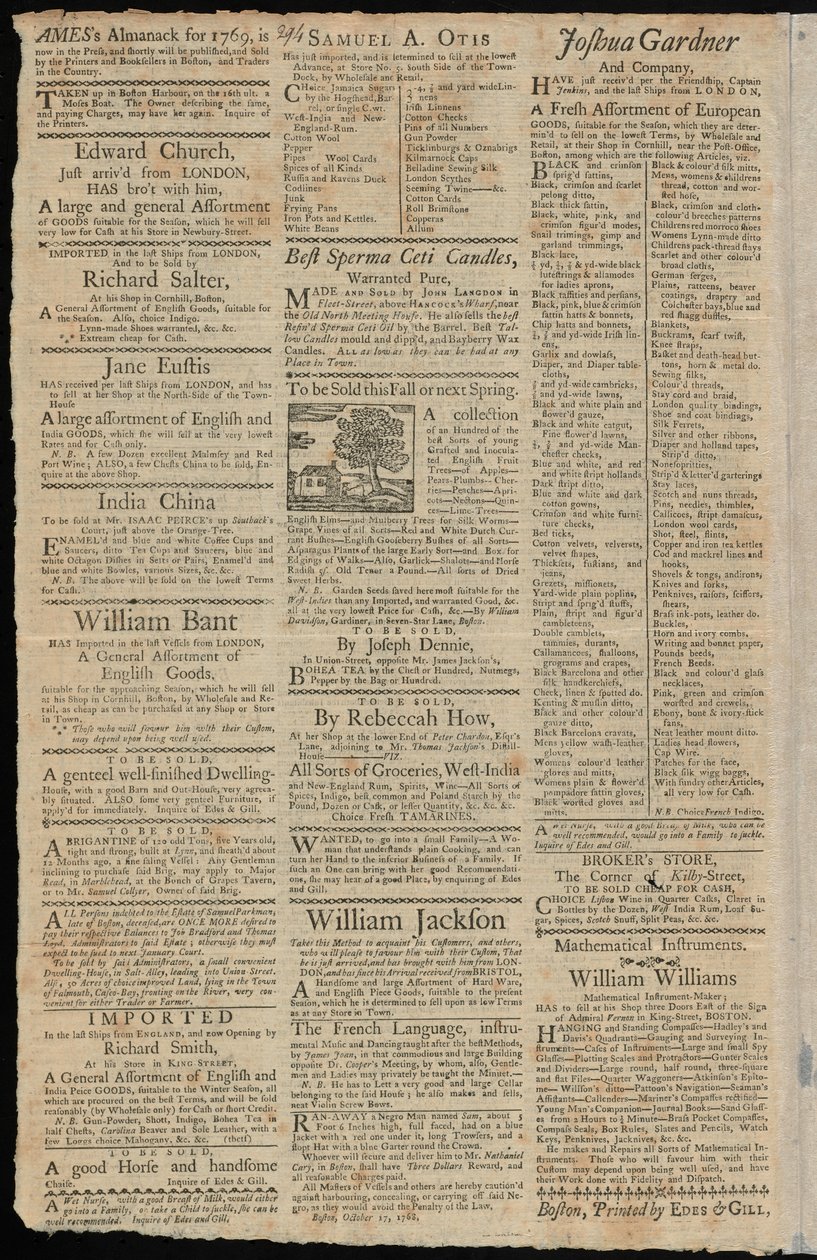 Annunci di Boston per merci soggette a dazi di importazione e restrizioni commerciali, dal Boston Gazette and Country Journal, 7 novembre 1768 da American School
