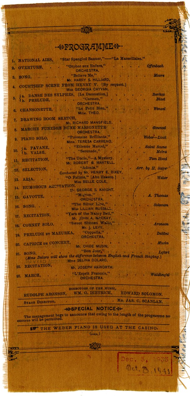 Intrattenimento a favore del fondo per il piedistallo della Statua della Libertà [verso], 1885 da American School