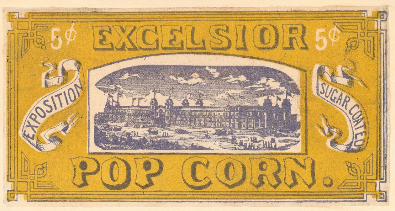 Cartolina commerciale di Excelsior Popcorn, Esposizione Centennale, Filadelfia, 1876 da American School