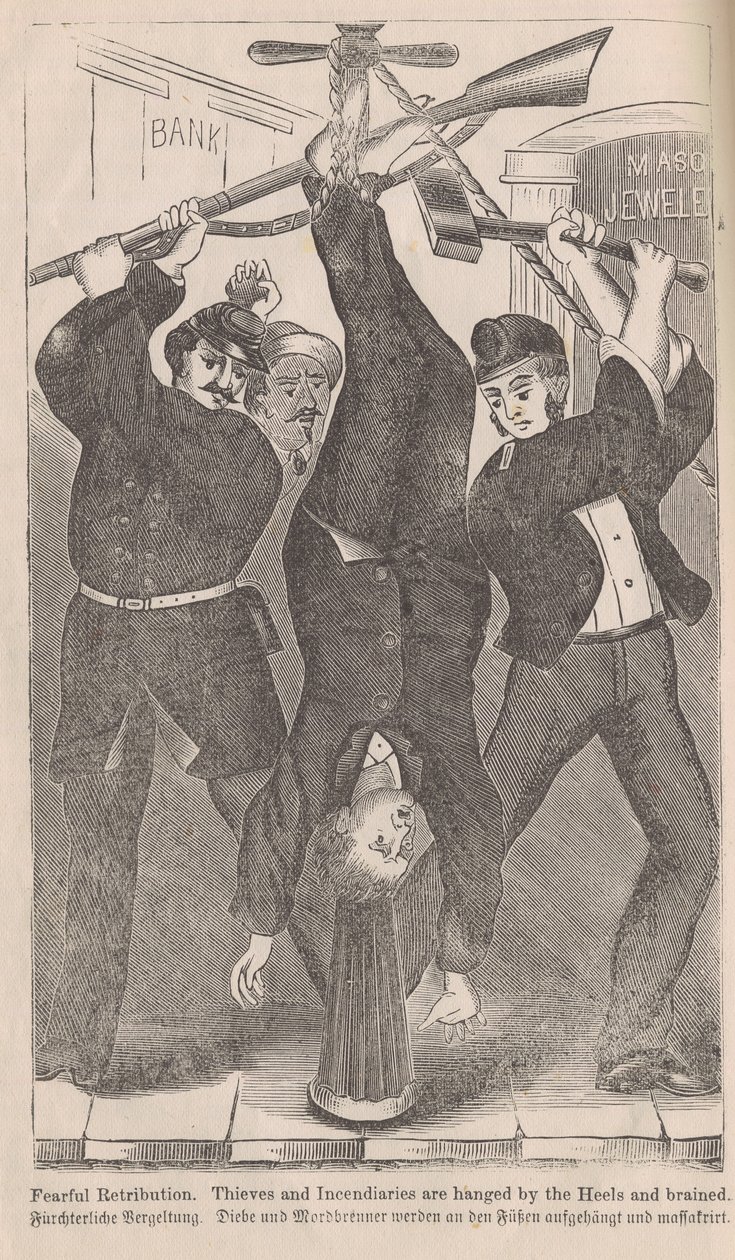 Terribile Retribuzione, Ladri e Incendiari Impiccati per i Talloni e Uccisi, da The Great Fires of Chicago di George L. Barclay, 1872 da American School
