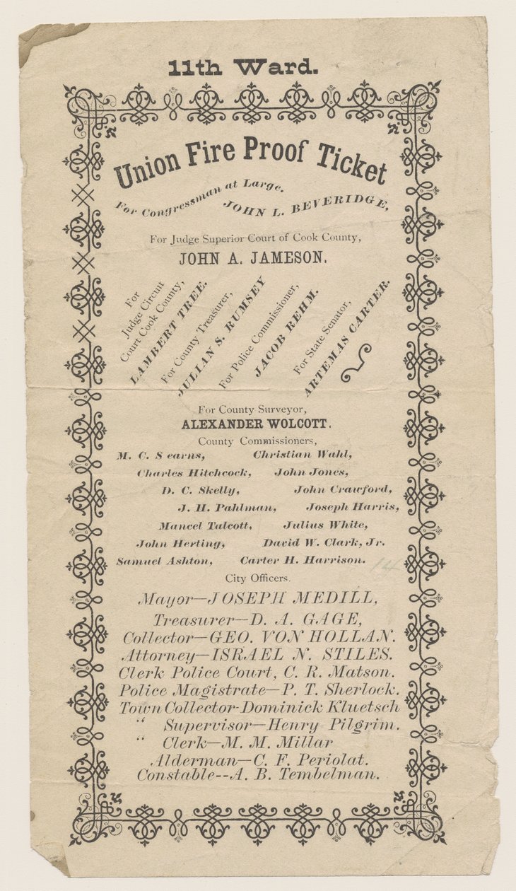 Volantino del 11th Ward Union Fire Proof Ticket, Chicago, 1871 da American School