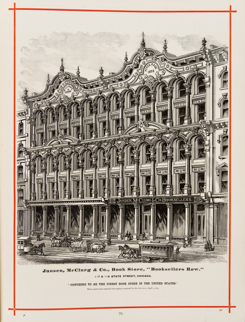 Libreria Jansen, McClurg and Company a 117 e 119 State St., Chicago. Illustrazione in The Merchants and Manufacturers of Chicago Illustrated, 1873 da American School
