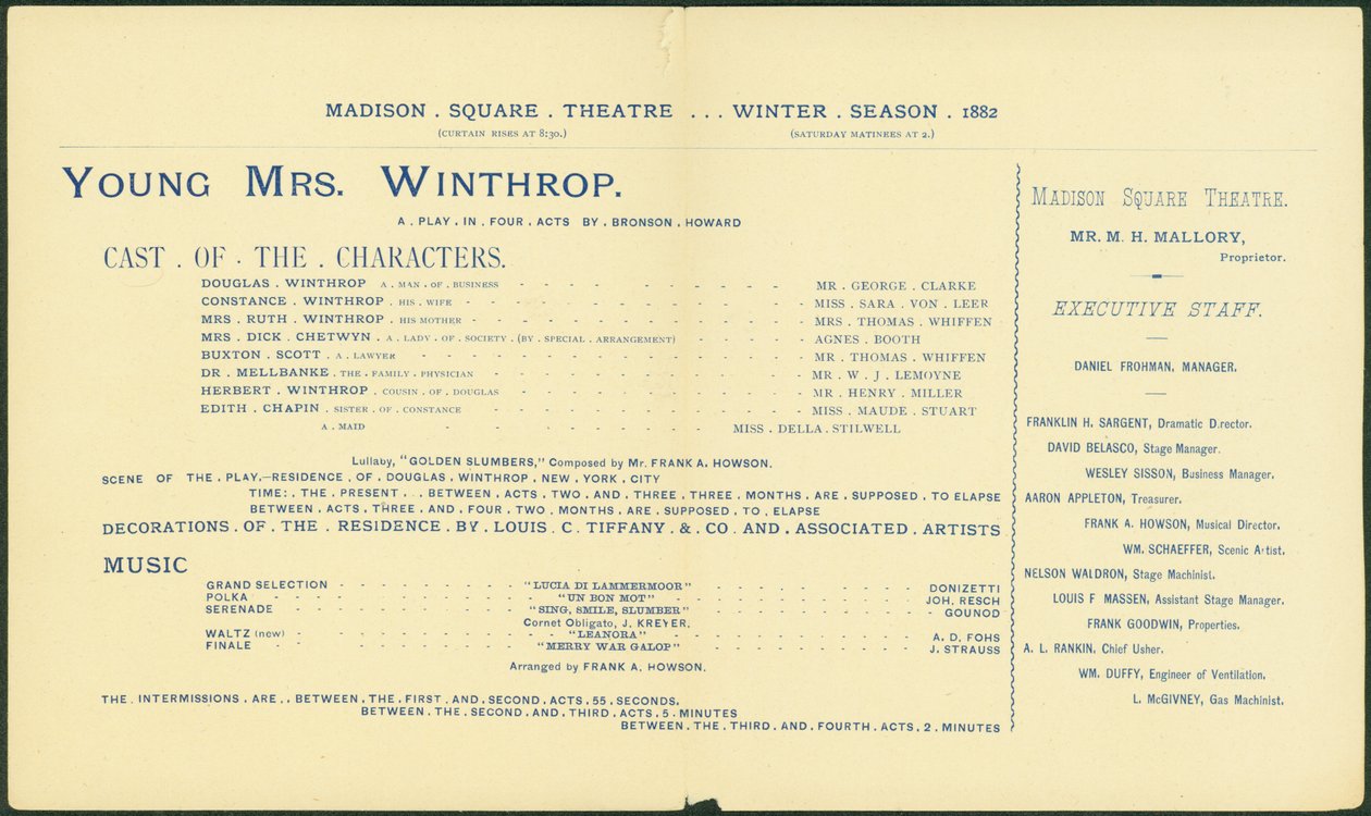 Teatro di Madison Square, stagione invernale 1882-83, programma per Young Mrs. Winthrop. [interno], 1882 da American School