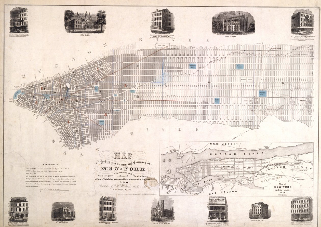 Mappa della città e della contea di New York con caratteri originali e illustrazioni, 1850 da American School