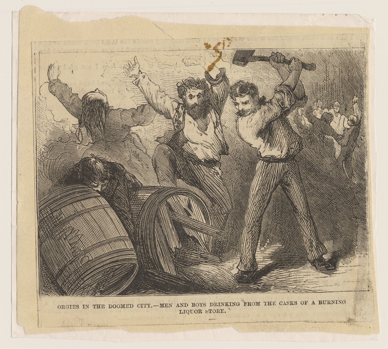Orge nella città condannata - Uomini e ragazzi che bevono dalle botti di un negozio di liquori in fiamme, 1871 da American School