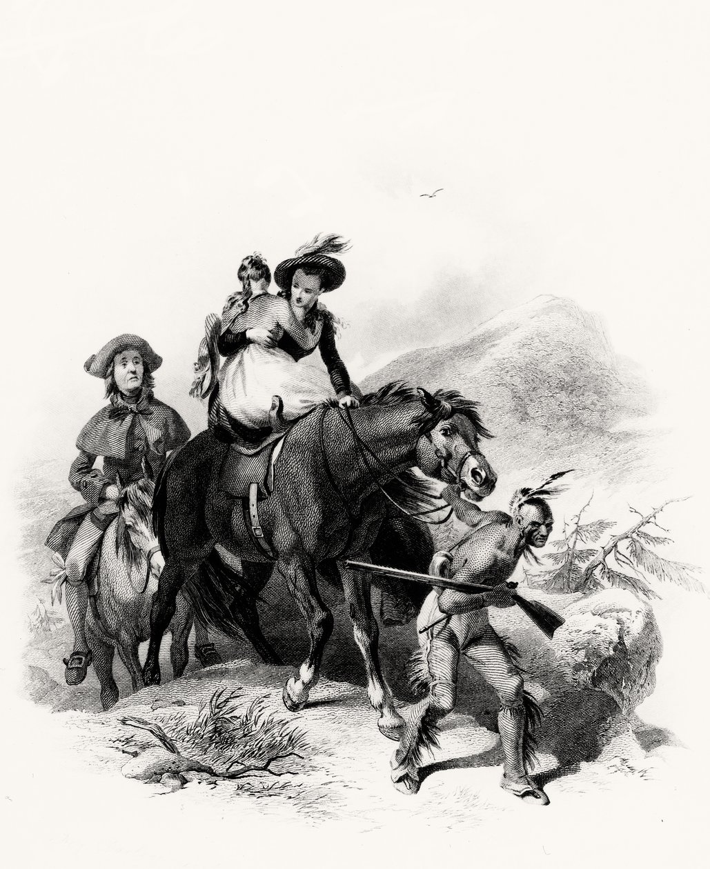 Placing Alice then on the same horse with Cora, he seized the bridle and commenced his route by plunging deeper into the forest, illustrazione da L