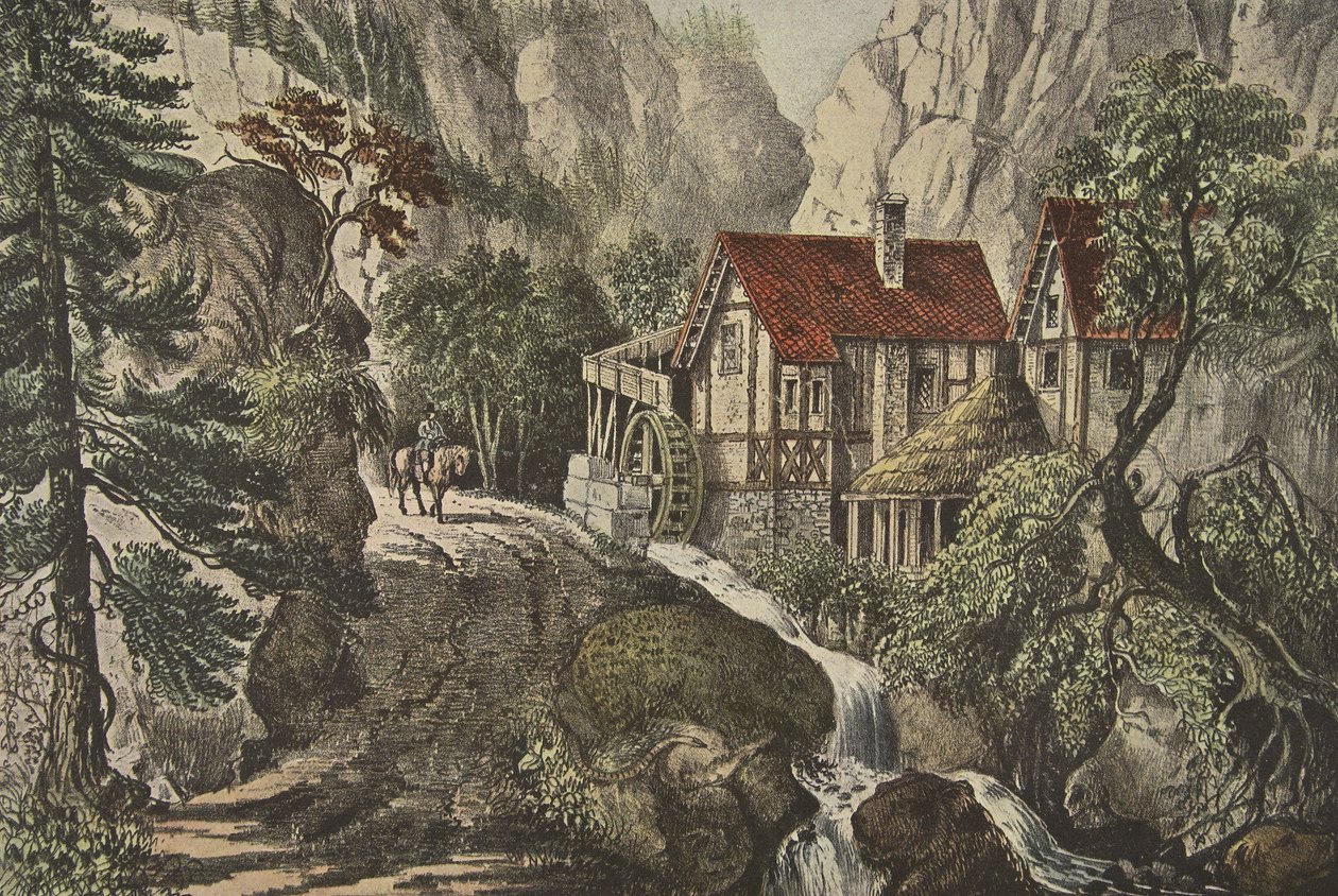 Immagine puzzle - Vecchio mulino svizzero, pub. 1872, Currier & Ives da American School