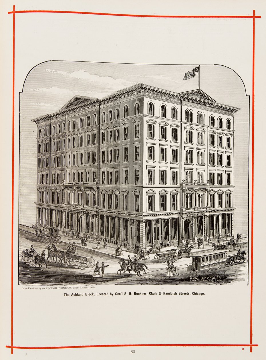 The Ashland Block a Clark e Randolph Streets, Chicago. Illustrazione in The Merchants and Manufacturers of Chicago Illustrated, 1873 da American School