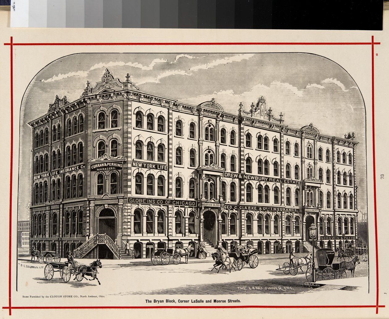 Il Bryan Block, angolo tra LaSalle e Monroe Streets, Chicago, illustrazione in The Merchants and Manufacturers of Chicago Illustrated, 1873 da American School