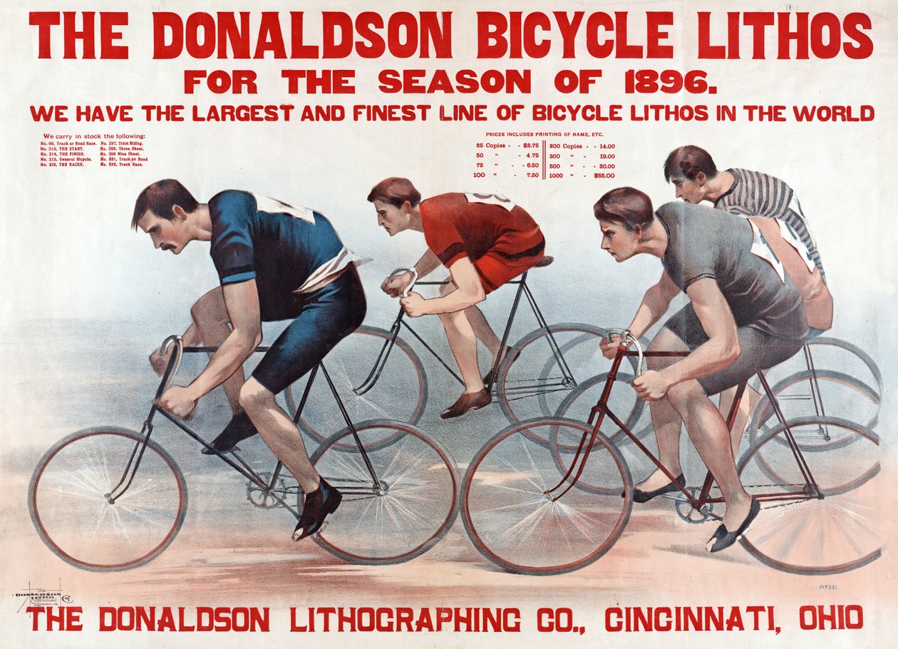 La bicicletta Donaldson Lithos per la stagione del 1896, pub. 1896 da American School