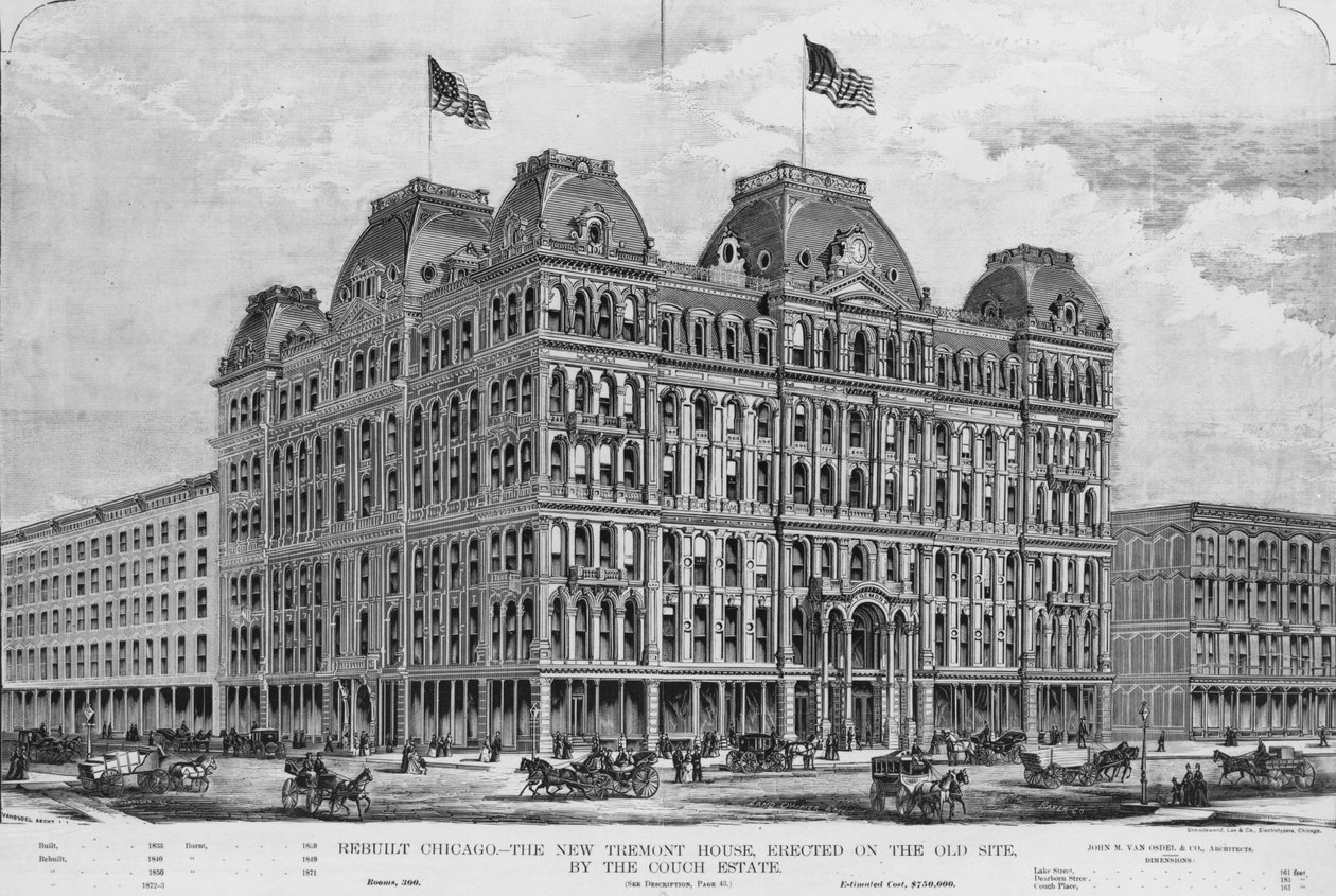 La nuova Tremont House, illustrazione da Land Owner, supplemento di marzo 1873 da American School