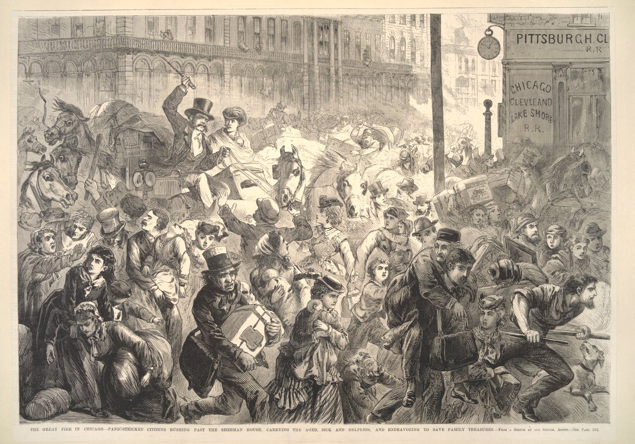 Il grande incendio a Chicago: cittadini in preda al panico che corrono davanti alla Sherman House, illustrazione da Frank Leslie
