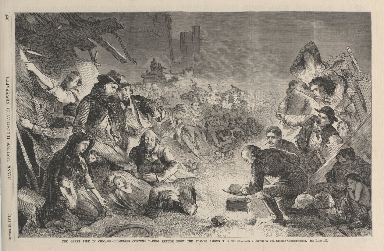 Il grande incendio a Chicago - cittadini senza tetto che si rifugiano tra le rovine, illustrazione da Frank Leslie
