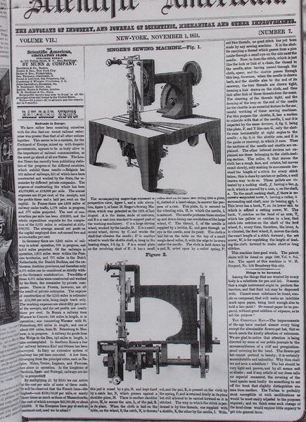 Il modello originale della macchina da cucire di Isaac Merrit Singer (1811-75) da The Scientific American, 1 novembre 1851 da American School